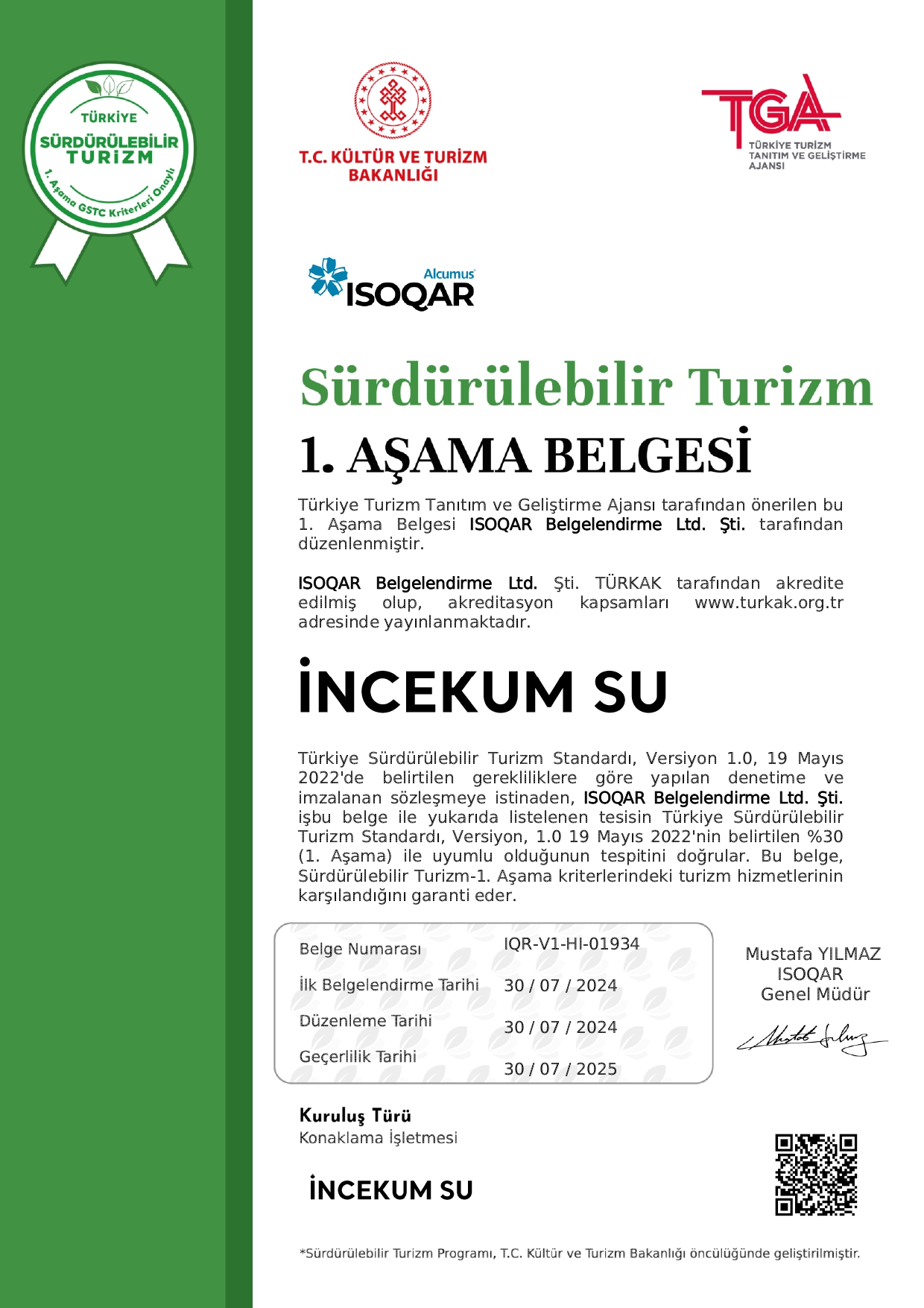 Sürdürülebilir Turizm Belgesi 1.Aşama